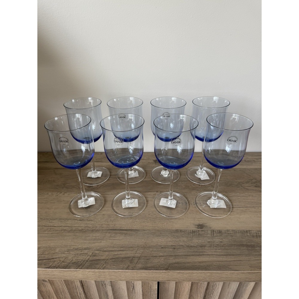 Set Of 8 DANSK Blue Crystal Wine Glasses